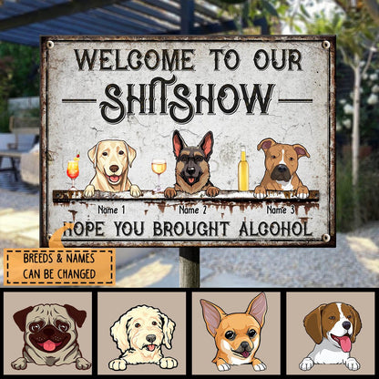 Welcome To The Shitshow, Dog & Beverage Sign, Personalized Dog Breeds Metal Sign, Gifts For Dog Lovers